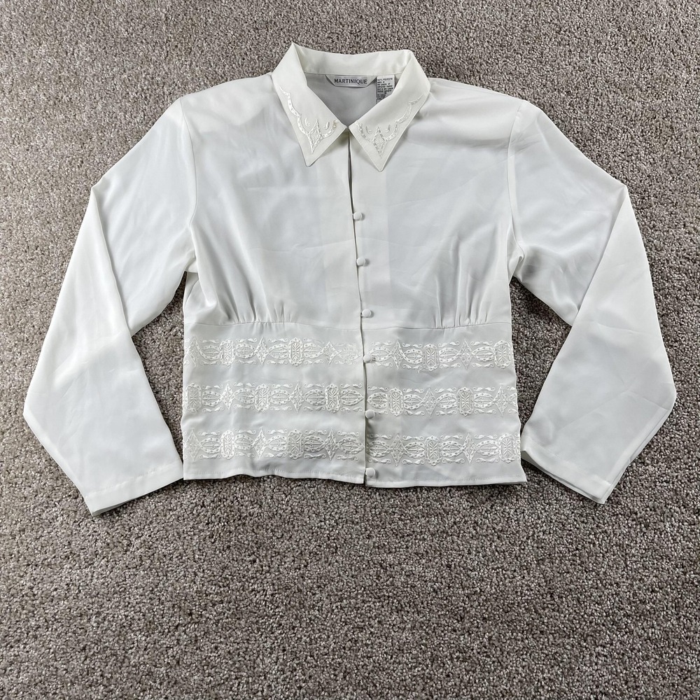 Martinique Button Up Shirt Womens 16 White Embroidered Collar Waist Long Sleeve